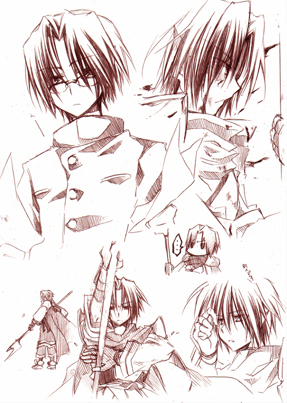1boy armor bad_id bad_pixiv_id benawi bespectacled chibi glasses gomatta halberd male_focus monochrome parted_bangs polearm red_theme simple_background sketch utawarerumono weapon white_background