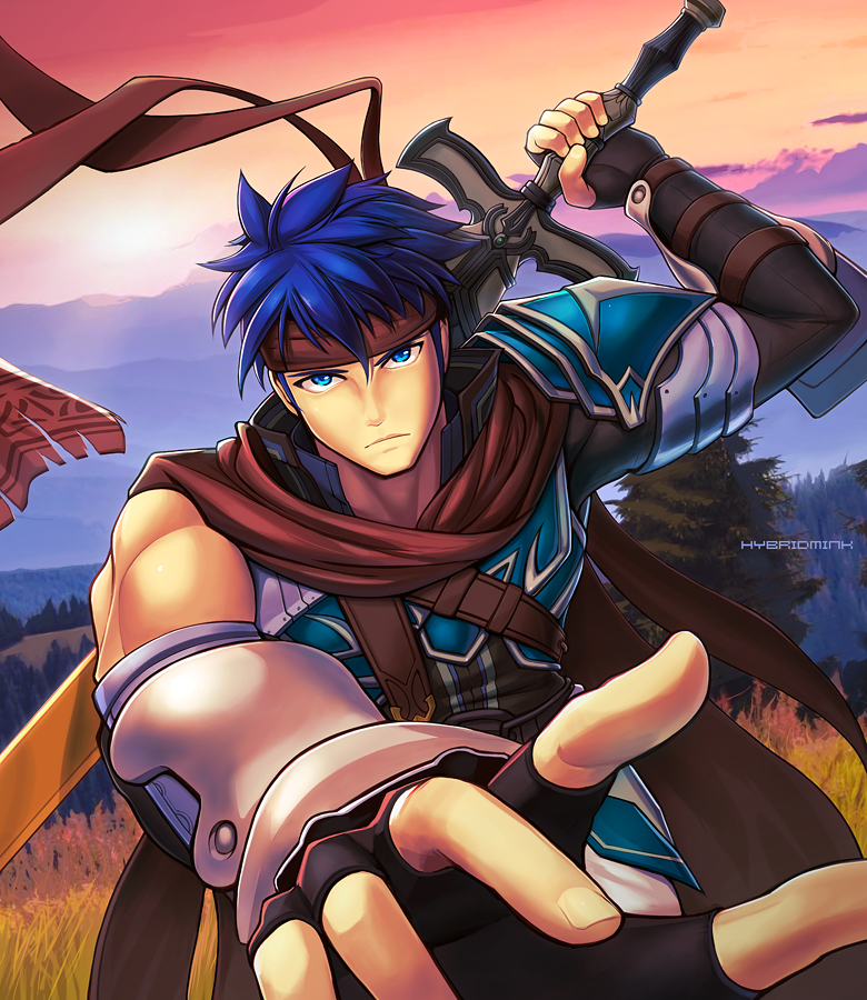 1boy armor blue_eyes blue_hair cape fire_emblem fire_emblem:_path_of_radiance fire_emblem:_radiant_dawn gloves headband hybridmink ike_(fire_emblem) ike_(vanguard_legend)_(fire_emblem) looking_at_viewer male_focus nintendo ragnell short_hair solo sword weapon