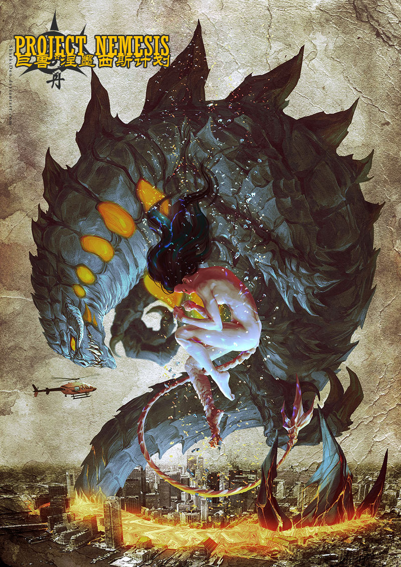 1girl aircraft ass breasts bubble building city closed_eyes fire giant giant_monster glowing glowing_eyes helicopter kaiju maigo_tilly monster monster_girl nemesis_(project_nemesis) nude official_art project_nemesis project_nemesis_(series) sharksden tail