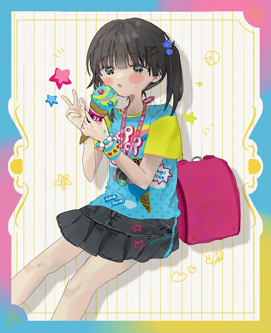 1girl backpack bag baskin-robbins bead_bracelet beads black_hair blush border bracelet child clothes_writing colorful commentary_request denim denim_skirt dessert feet_out_of_frame food food_print gradient_border grid_background heisei_retro holding holding_food holding_ice_cream ice_cream ice_cream_cone ice_cream_print jewelry jojifuku long_hair original pleated_skirt print_shirt randoseru shinanashina shirt sitting skirt solo star_(symbol) star_print sweets tamagotchi tamagotchi_(classic) tamagotchi_(virtual_pet) twintails