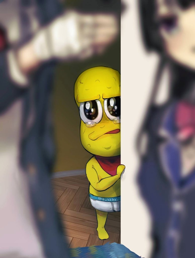 1girl 2boys bandages blurry briefs colored_skin depth_of_field fu22ka indie_virtual_youtuber kenmochi_touya kenmochi_touya_(1st_costume) male_underwear multiple_boys nijisanji peanuts-kun red_scarf scarf school_uniform solo_focus tearing_up tsukino_mito tsukino_mito_(1st_costume) underwear virtual_youtuber yellow_skin