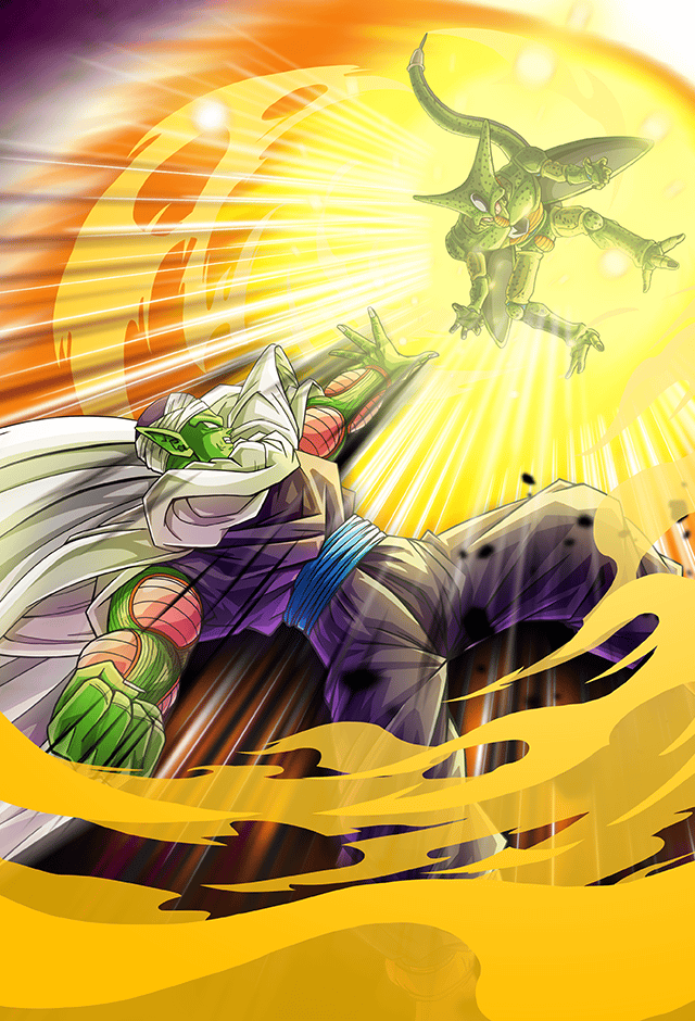 2boys cape cell_(dragon_ball) colored_skin dragon_ball green_skin ki_blast multiple_boys muscular muscular_male official_art piccolo pointy_ears serious