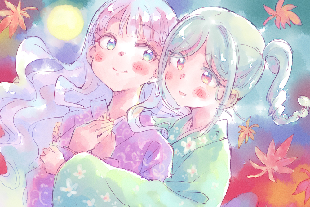 2girls blush braided_twintails colorful_background commentary_request floral_print floral_print_kimono green_eyes green_hair green_kimono hug hug_from_behind japanese_clothes kimono leaf long_hair looking_at_another love_live! love_live!_superstar!! multiple_girls nekokun onitsuka_tomari print_kimono purple_hair purple_kimono red_eyes smile twintails wien_margarete