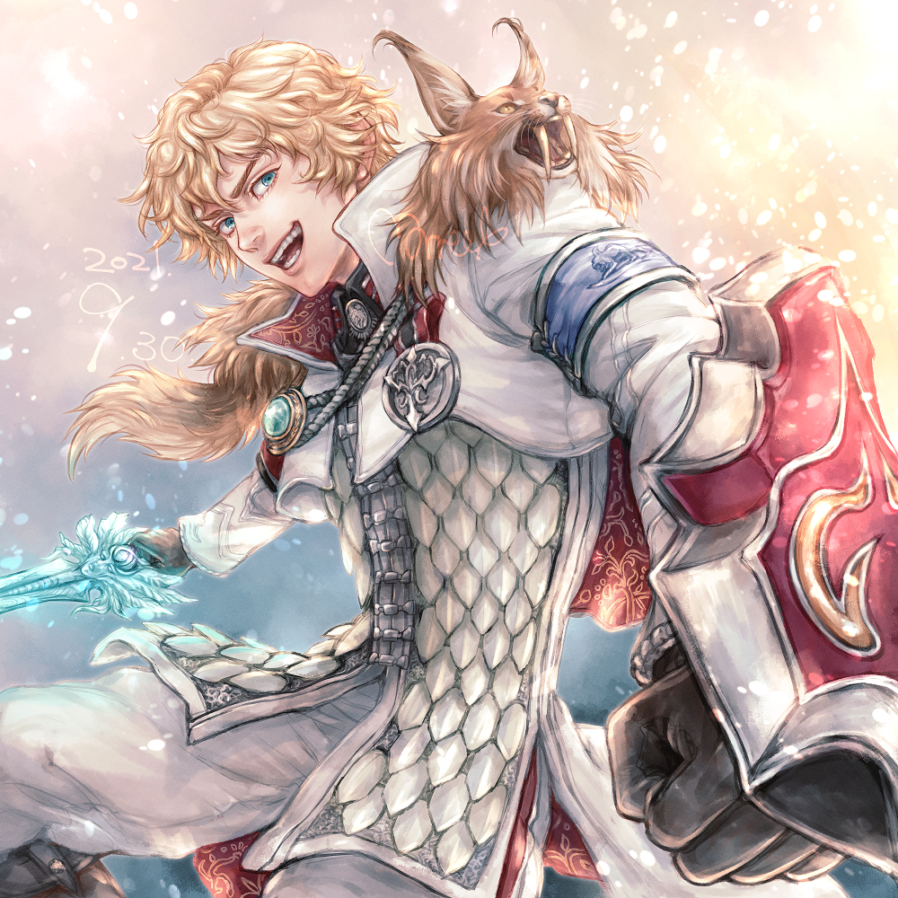1boy :d aqua_eyes armband black_gloves blonde_hair blue_armband cowboy_shot dated fur_trim gloves holding holding_sword holding_weapon looking_at_viewer male_focus morito_leaf9 open_mouth pants patroklos_alexander popped_collar short_hair smile solo soul_calibur soul_calibur_(weapon) soulcalibur soulcalibur_v sword weapon white_pants