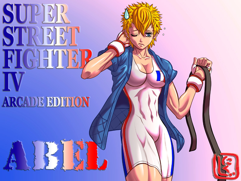 1girl abel_(street_fighter) abs armor belt blonde_hair blue_eyes breasts capcom cleavage dougi female_focus french_text gender_request genderswap jacket japanese_armor kote leotard martial_arts_belt muscular nikuji-kun open_clothes open_jacket short_hair solo spiked_hair street_fighter street_fighter_iv_(series) sweatdrop thick_thighs thighs unworn_belt
