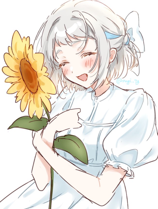 1girl :d blue_eyes blue_ribbon blush bow braid closed_eyes dress flower gakuen_idolmaster grey_hair hair_bow hair_ribbon half_up_braid holding holding_flower idolmaster katsuragi_lilja nagi_7g open_mouth puffy_short_sleeves puffy_sleeves ribbon ribbon_braid short_hair short_sleeves signature simple_background smile solo sunflower white_background white_bow white_dress