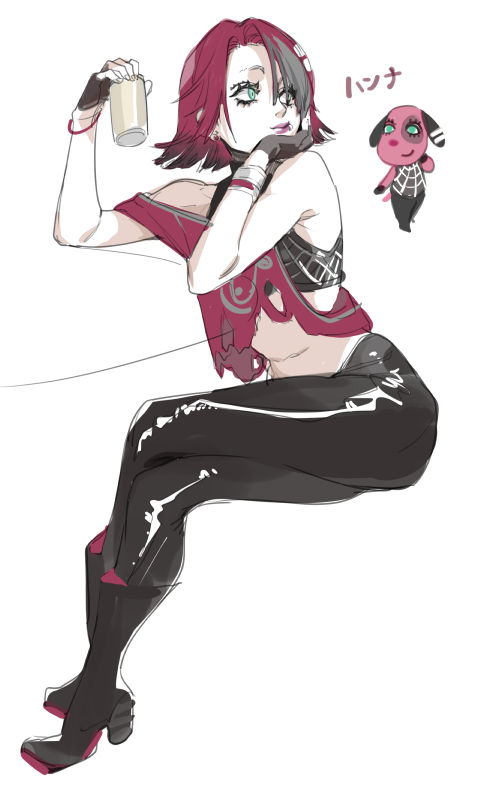 1girl animal_crossing aqua_eyes bare_shoulders black_boots black_pants boots bracelet can cherry_(animal_crossing) chibi chibi_inset closed_mouth colored_tips commentary_request creature_and_personification crossed_legs eyelashes face_piercing fingerless_gloves full_body gloves grey_hair hand_on_own_chin high_heel_boots high_heels holding holding_can invisible_chair jewelry lip_piercing lips looking_afar magenaiman3 multicolored_hair navel nintendo pants personification piercing red_hair shiny_clothes short_hair sitting stomach streaked_hair torn_clothes