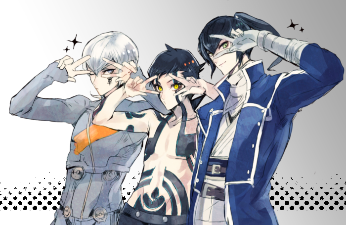 3boys belt black_hair demi-fiend digital_devil_saga flynn_(megami_tensei) grey_eyes grey_hair hat in-franchise_crossover iriya_(lonesome) looking_at_viewer male_focus multiple_boys serph shin_megami_tensei shin_megami_tensei_iii:_nocturne shin_megami_tensei_iv tattoo topless_male uniform v yellow_eyes
