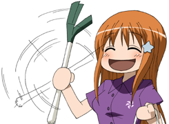 1girl :d ^_^ afterimage bad_source bleach breasts closed_eyes commentary_request food hair_ornament holding holding_food holding_spring_onion holding_vegetable inoue_orihime leekspin_(meme) long_hair lowres maso_(ascii_art) medium_breasts meme motion_lines no_nose open_mouth orange_hair short_sleeves simple_background smile solo spinning spring_onion star_(symbol) star_hair_ornament upper_body vegetable white_background