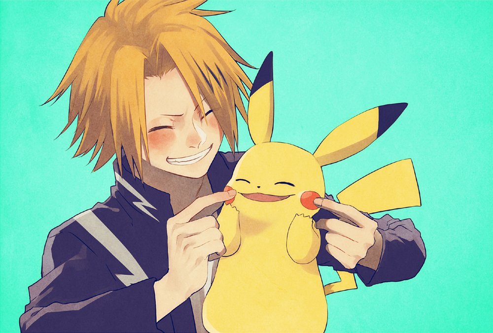 1boy arms_up black_jacket blonde_hair blush boku_no_hero_academia cheek_pinching closed_eyes collared_jacket commentary_request crossover curtained_hair dot_nose gen_1_pokemon green_background grin jacket kaminari_denki kurosujuu long_sleeves male_focus multicolored_hair nintendo pikachu pinching pokemon pokemon_(creature) popped_collar smile streaked_hair teeth upper_body