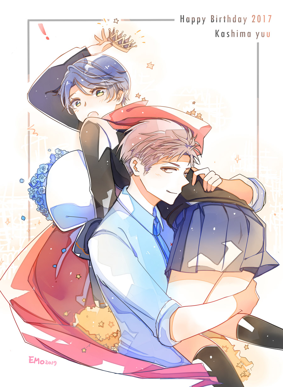 1boy 1girl 2017 arm_up artist_name black_socks black_sweater blue_flower blue_hair blue_shirt blue_skirt bouquet brown_eyes brown_hair cape carrying character_name crown emo_(ricemo) flower gekkan_shoujo_nozaki-kun green_eyes happy_birthday highres holding holding_bouquet holding_crown hori_masayuki kashima_yuu kneehighs looking_at_viewer looking_back miniskirt open_mouth pleated_skirt red_cape school_uniform shirt short_hair skirt smile socks sweater tongue tongue_out upper_body