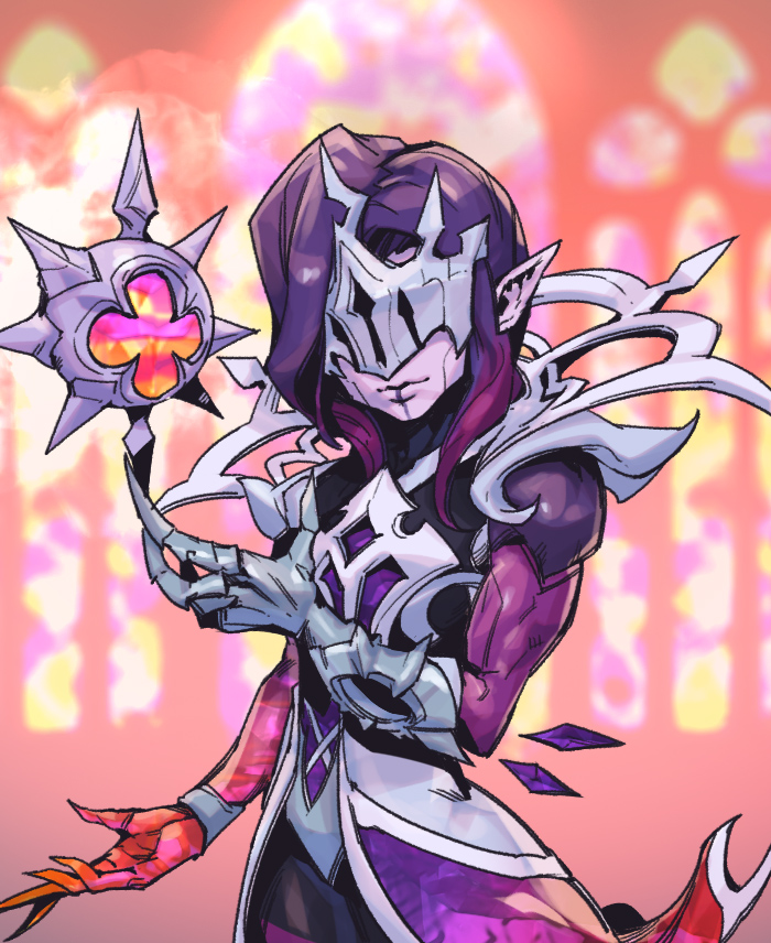 1boy black_bodysuit bodysuit broken_covenant_vladimir claws closed_mouth colored_skin cowboy_shot eye_mask facing_viewer floating floating_object hand_up league_of_legends long_hair male_focus mask multicolored_background muscular muscular_male pale_skin phantom_ix_row pointy_ears purple_bodysuit purple_hair red_skin solo vladimir_(league_of_legends)