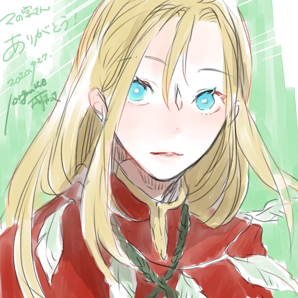 1boy ahat_(ragnarok_online) bishounen blonde_hair blue_eyes commentary_request dated expressionless green_background long_hair looking_at_viewer male_focus parted_lips ragnarok_online red_shirt shirt solo upper_body yutsuki