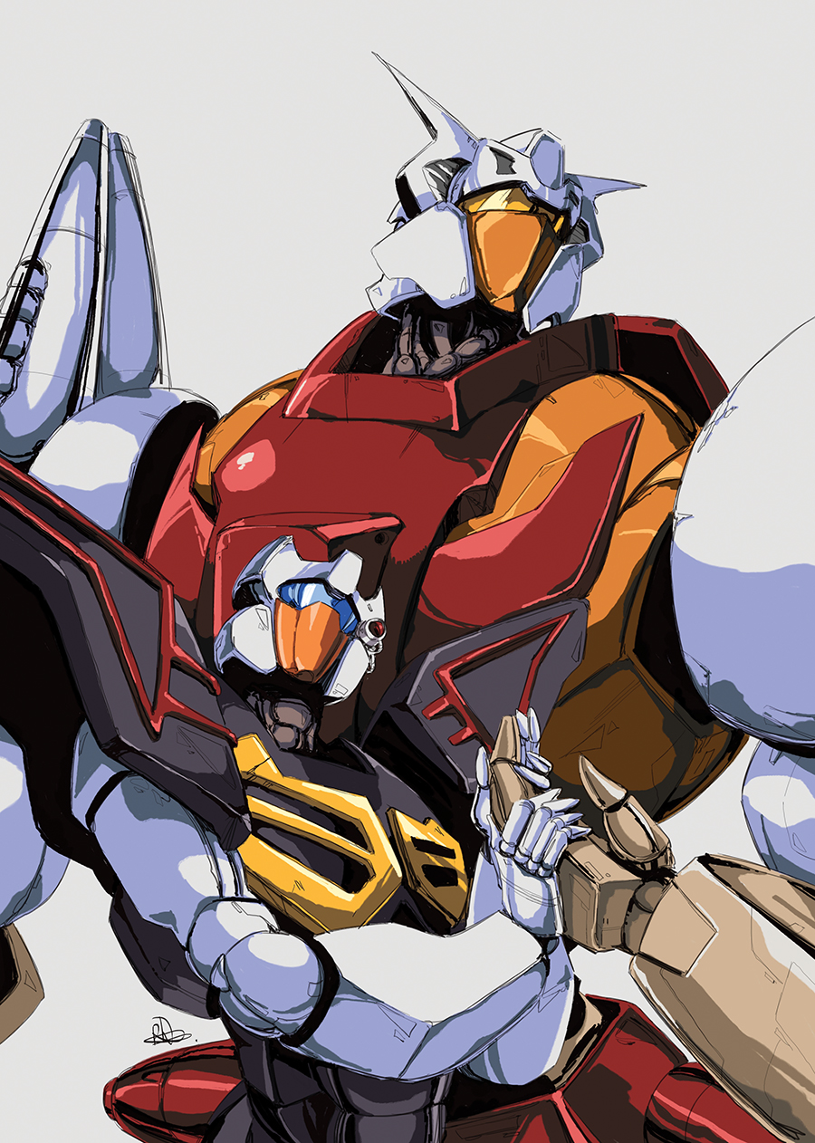 1980s_(style) 2boys camera chromedome commentary english_commentary highres hinomars19 holding_hands horns looking_up male_focus mecha multiple_boys no_humans oldschool retro_artstyle rewind_(transformers) robot signature size_difference the_transformers_(idw) transformers visor white_background