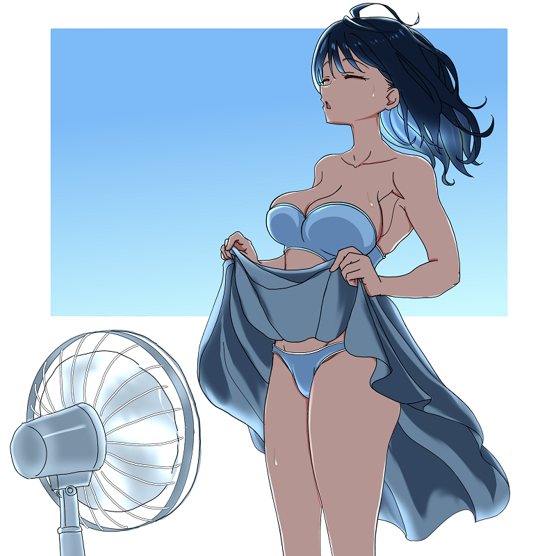 1girl ahoge bikini blue_background blue_bikini blue_hair breasts cleavage closed_eyes clothes_lift electric_fan fanning_crotch fanning_self hot large_breasts lifting_own_clothes long_hair long_skirt make_heroine_ga_oo_sugiru! open_mouth ruri_(ruri_) skirt skirt_lift strapless strapless_bikini sweat swimsuit two-tone_background white_background yanami_anna