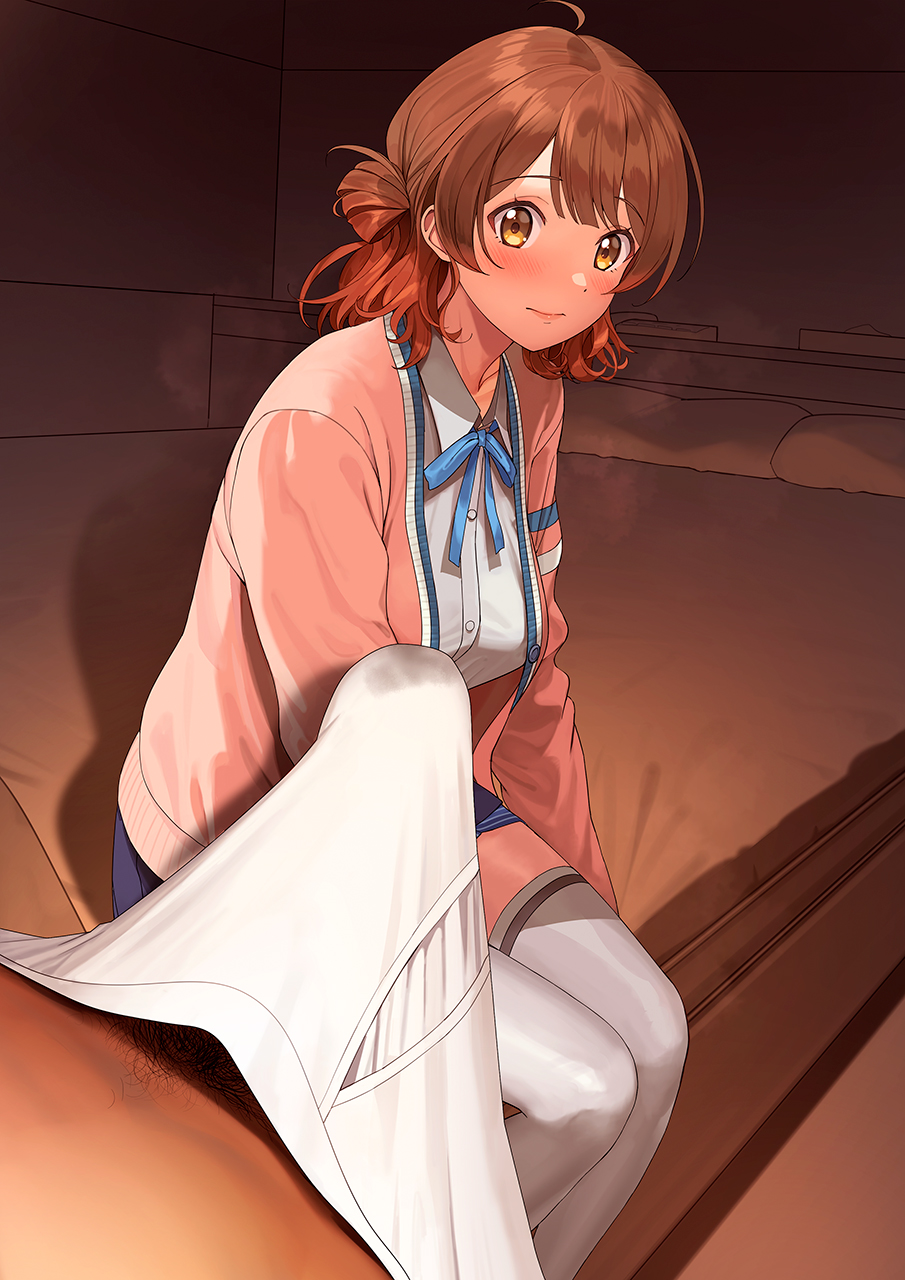 1boy 1girl a1_(initial-g) ahoge bed blue_ribbon blue_skirt blush breasts brown_eyes brown_hair bulge cardigan closed_mouth collared_shirt commentary_request erection gakuen_idolmaster gradient_hair hair_bun hanami_ume highres idolmaster indoors long_sleeves male_pubic_hair male_underwear medium_breasts multicolored_hair neck_ribbon on_bed open_cardigan open_clothes panties pink_cardigan pubic_hair ribbon school_uniform shirt single_side_bun sitting skirt steaming_body thighhighs thighs underwear unworn_panties variant_set white_male_underwear white_shirt white_thighhighs
