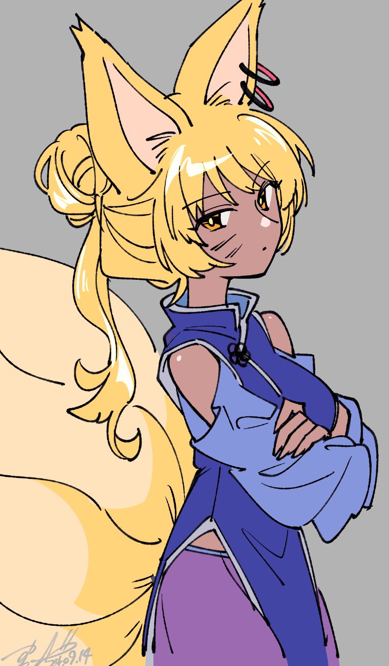 1girl animal_ears blonde_hair blue_dress breasts check_copyright china_dress chinese_clothes commentary_request copyright_request cowboy_shot crossed_arms dark_skin detached_sleeves dress earrings fox_ears fox_girl fox_tail from_side grey_background hair_bun highres hoop_earrings jewelry long_sleeves looking_at_viewer medium_breasts multiple_tails orange_eyes original pants ponytail purple_pants raised_eyebrow shikido_(khf) short_hair signature simple_background single_hair_bun swept_bangs tail yellow_pupils