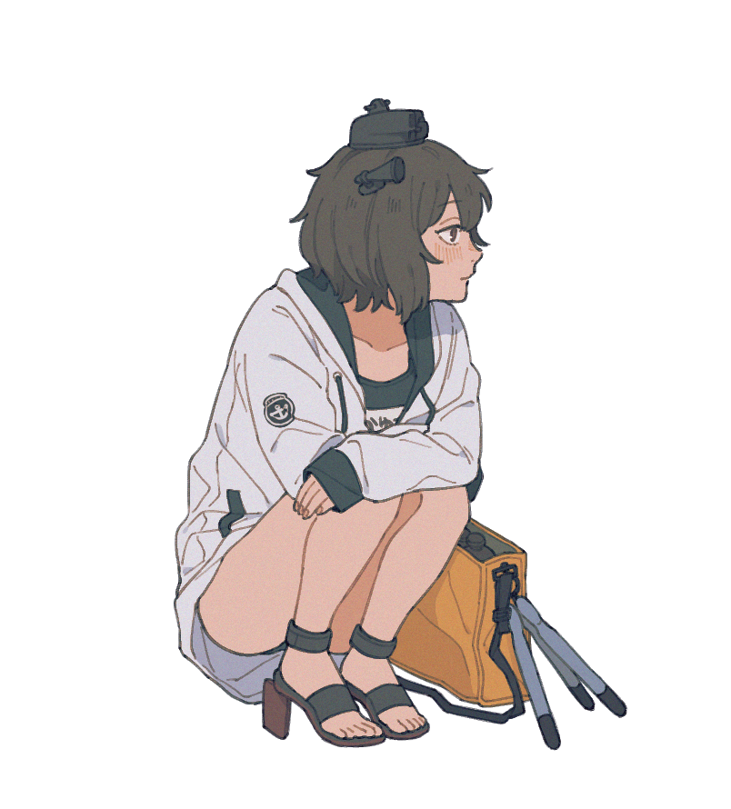 1girl bag blush brown_eyes brown_hair closed_mouth full_body grey_jacket headgear jacket kantai_collection long_sleeves name_tag off_shoulder one-piece_swimsuit profile rudder_footwear school_swimsuit short_hair simple_background solo squatting sumoffu swimsuit swimsuit_under_clothes torpedo white_background yukikaze_(kancolle) yukikaze_(swimsuit)_(kancolle)