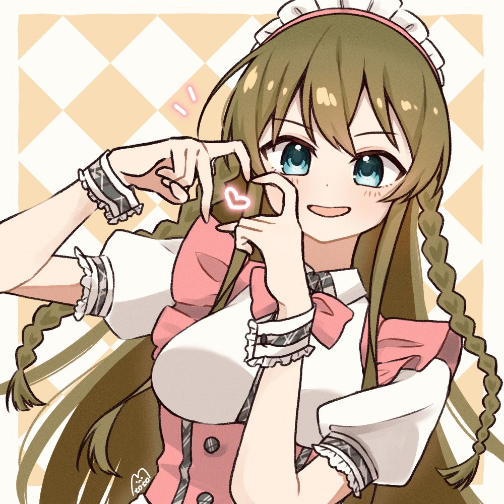 1girl four-finger_heart_hands blue_eyes blush bow bowtie braid breasts brown_hair collar collared_shirt dot_nose dress frilled_sleeves frills heart heart_hands idolmaster idolmaster_million_live! idolmaster_million_live!_theater_days kousaka_umi large_breasts long_hair looking_at_viewer maid_headdress official_alternate_costume open_mouth pink_bow pink_bowtie pink_dress pretty_waitress_(idolmaster) puffy_short_sleeves puffy_sleeves shirototo shirt short_sleeves sidelocks signature smile solo twin_braids upper_body white_collar white_shirt wrist_cuffs