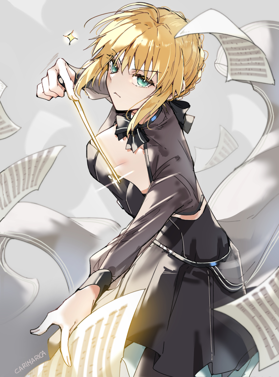 1girl artoria_pendragon_(fate) black_dress blonde_hair braid braided_bun carimarica conductor_baton dress fate/grand_order fate/stay_night fate_(series) floating_paper green_eyes hair_between_eyes hair_bun highres holding_baton long_sleeves looking_at_viewer saber_(fate) sheet_music solo