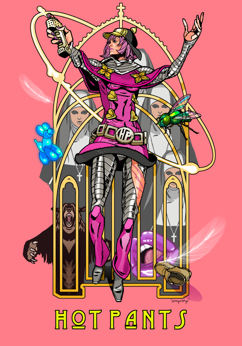 1girl bear black_helmet boots bug character_name commentary cream_starter_(stand) dress english_commentary fly gold_flower grey_pants grey_sleeves helmet hot_pants_(sbr) insect jojo_no_kimyou_na_bouken nun pants pink_background pink_boots pink_dress purple_lips scar scar_on_leg stand_(jojo) steel_ball_run tanaka_kaori traditional_nun tubular_bells_(stand)