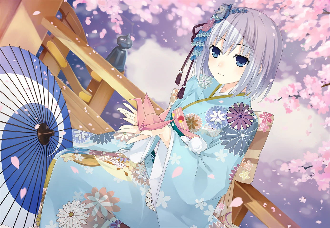 1girl blue_eyes blue_kimono cherry_blossoms date_a_live date_a_live:_spirit_pledge dutch_angle falling_petals floral_print flower game_cg hair_flower hair_ornament japanese_clothes kimono long_sleeves official_art origami outdoors petals short_hair smile solo third-party_source tobiichi_origami white_hair wide_sleeves