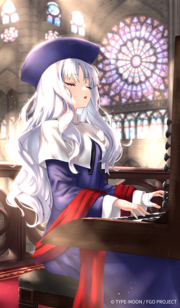 1girl blue_dress blue_hat breasts caren_hortensia closed_eyes dress fate/grand_order fate/hollow_ataraxia fate_(series) hat instrument long_hair long_sleeves medium_breasts music official_art open_mouth organ_(instrument) playing_instrument shawl sitting solo stained_glass tsuuhan wavy_hair white_hair
