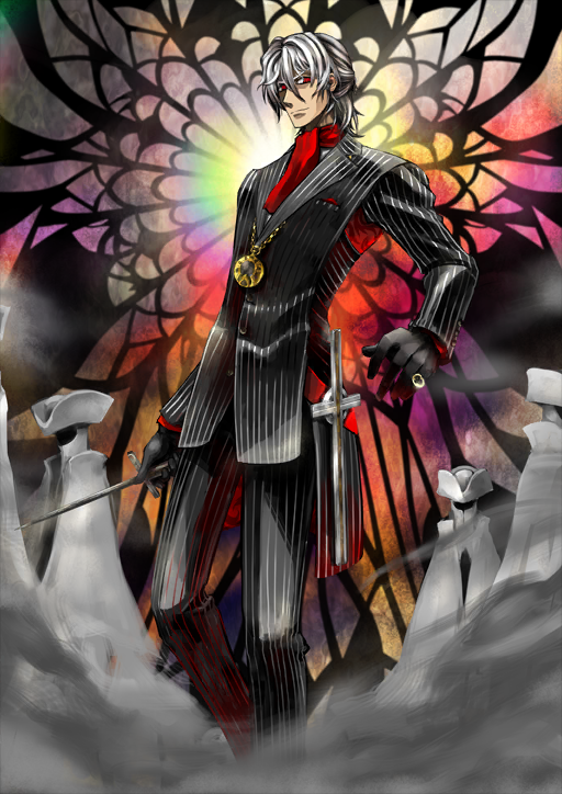 1boy antonio_salieri_(fate) antonio_salieri_(second_ascension)_(fate) arm_at_side black_gloves black_jacket black_pants black_suit buttons closed_mouth dress_pants familiar fate/grand_order fate_(series) feet_out_of_frame formal_clothes gloves hair_between_eyes holding holding_sword holding_weapon jacket jewelry lapels long_sleeves looking_at_viewer male_focus medallion medium_hair notched_lapels official_art pants pfalz pinstripe_jacket pinstripe_pants pinstripe_pattern pinstripe_suit red_eyes red_scarf ring scarf solo standing suit suit_jacket sword third-party_source v-shaped_eyebrows variant_set weapon white_hair