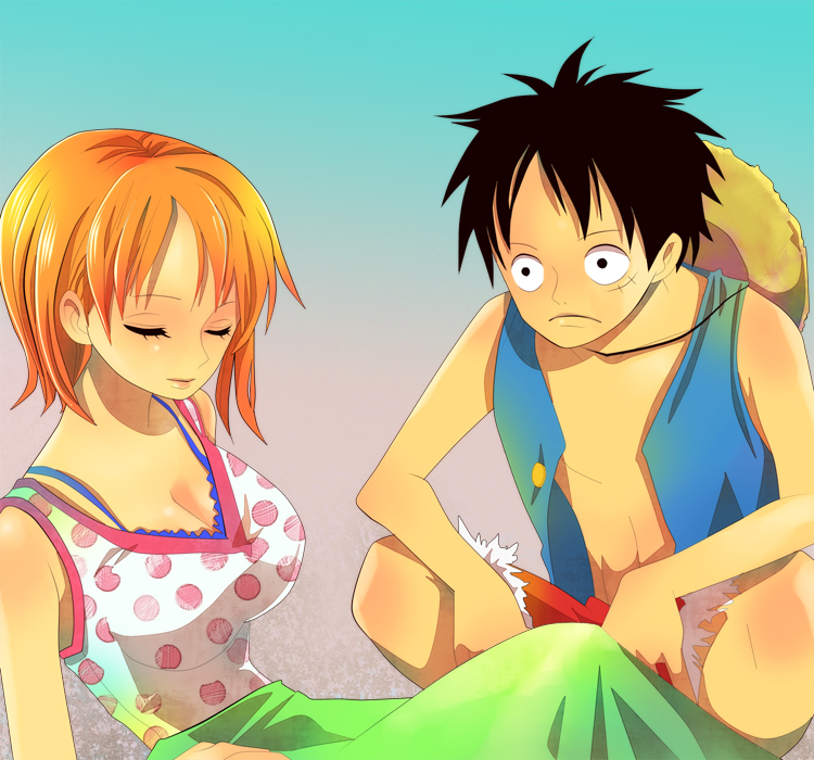 1boy 1girl bra breasts cleavage closed_eyes hat himerinco large_breasts lingerie monkey_d._luffy nami_(one_piece) one_piece orange_eyes orange_hair scar squatting straw_hat underwear