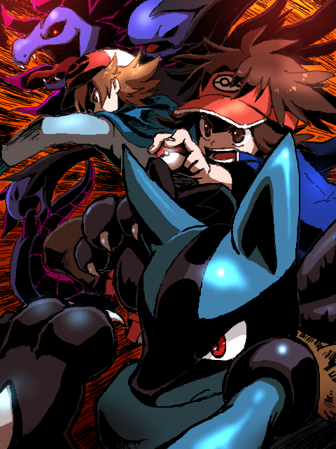 10s 2boys baseball_cap brown_hair fighting_stance gen_4_pokemon gen_5_pokemon hat hilbert_(pokemon) holding holding_poke_ball hydreigon jacket lucario male_focus mariemon multiple_boys nate_(pokemon) nintendo poke_ball pokemon pokemon_(creature) pokemon_bw pokemon_bw2 visor_cap
