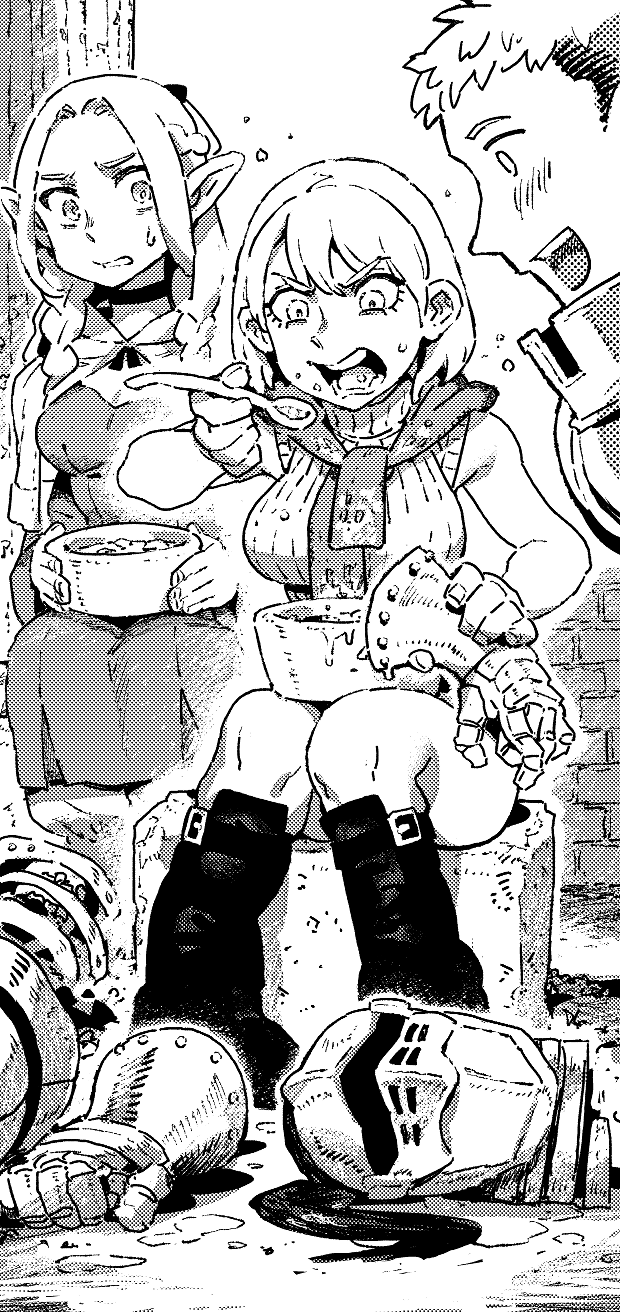 1boy 2girls armor ashley_graham blood bowl braid crossover dungeon_meshi eating elf food highres holding holding_spoon ireading laios_touden long_hair looking_at_another marcille_donato monogatari_(series) multiple_girls open_mouth pet_bowl pointy_ears resident_evil resident_evil_4 scarf short_hair sitting spoon sweatdrop sweater what