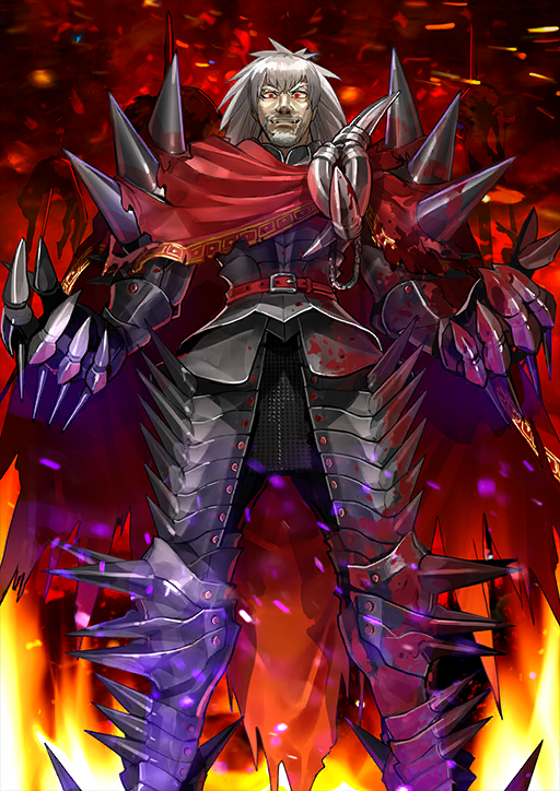 1boy armor armored_boots belt belt_buckle blood_on_armor boots breastplate buckle cape chainmail embers evil_grin evil_smile facial_hair fate/grand_order fate_(series) feet_out_of_frame fire gauntlets glowing glowing_eyes grin hands_up impaled knee_spikes legs_apart long_hair looking_at_viewer male_focus mustache official_art people red_background red_belt red_cape red_eyes red_sky shoulder_armor shoulder_spikes sky smile solo_focus spiked_armor spiked_gauntlets spikes standing teeth third-party_source torn_cape torn_clothes v-shaped_eyebrows variant_set vlad_iii_(fate/extra) wada_arco white_beard white_facial_hair white_hair