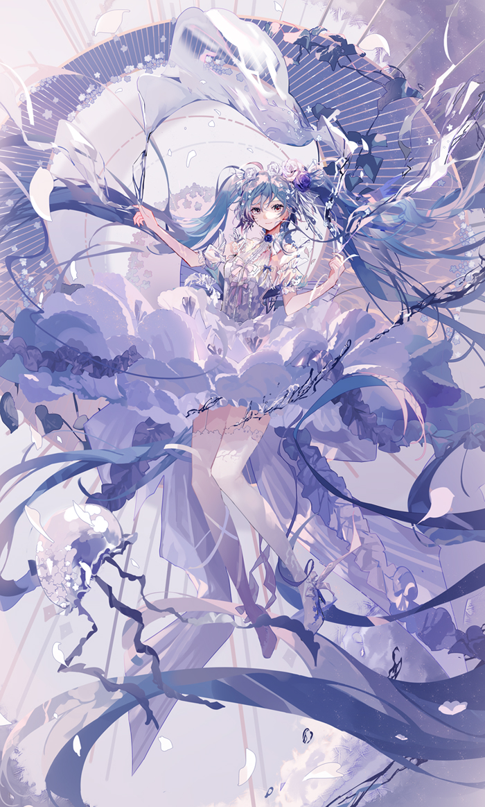 1girl blue_dress blue_eyes blue_hair commentary dress female_focus flower full_body hair_flower hair_ornament hatsune_miku high_heels jellyfish liquid long_hair looking_at_viewer mamenomoto outstretched_arm petals purple_flower ribbon smile solo thighhighs twintails very_long_hair vocaloid white_thighhighs
