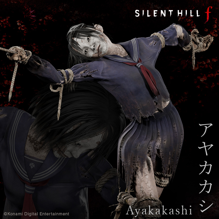 1girl 3d ayakakashi bent_over black_eyes black_hair black_serafuku black_shirt black_skirt breasts character_name expressionless konami logo midriff navel neckerchief official_art red_neckerchief rope rope_marks school_uniform serafuku shirt short_hair silent_hill_(series) silent_hill_f simple_background skirt standing standing_on_one_leg torn_clothes torn_shirt torn_skirt zoom_layer
