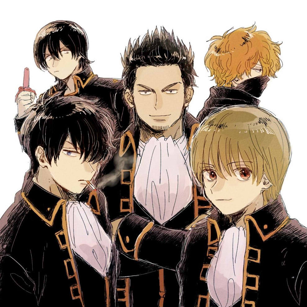 5boys ascot black_hair black_jacket black_mask blonde_hair blue_eyes collared_jacket crossed_arms from_side gintama hair_between_eyes hair_over_one_eye hijikata_toushirou holding jacket kondou_isao looking_at_viewer multiple_boys okita_sougo orange_hair red_eyes se0h shimaru_saitou spiked_hair white_ascot white_background yamazaki_sagaru