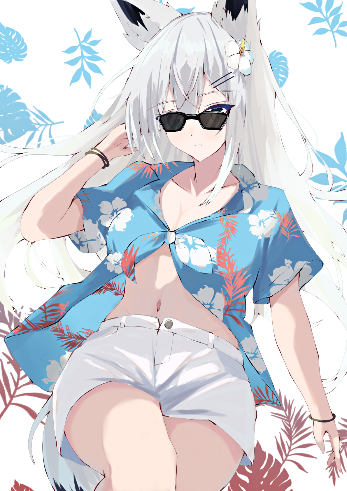 1girl alternate_costume animal_ear_fluff animal_ears azur_lane blue_eyes blue_shirt bracelet collarbone commentary_request floral_print flower fox_ears fox_girl fox_tail hair_between_eyes hair_flower hair_ornament hairpin hand_in_own_hair hand_up hawaiian_shirt highres jewelry kawakaze_(azur_lane) leaf leaf_background long_hair looking_at_viewer midriff multiple_bracelets natsuki_(natsu_1936) navel open_clothes open_fly open_shirt shirt short_sleeves shorts sidelocks simple_background solo sunglasses tail thighs white_background white_flower white_hair white_shorts