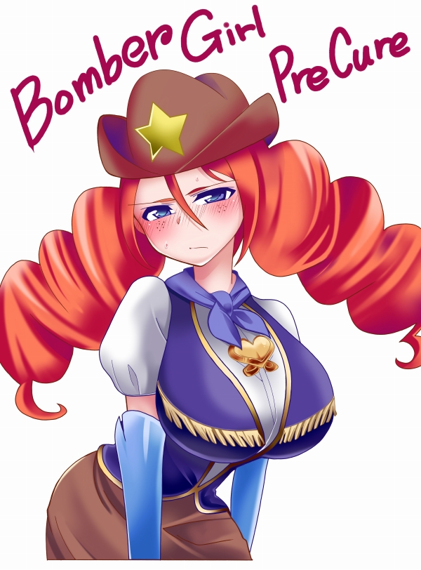 10s 1girl bad_id bad_pixiv_id blush bomber_girls_precure breasts brooch cowboy_hat female_focus freckles fringe_trim happinesscharge_precure! hat heart heart_brooch jewelry ogi_(torikari) precure red_haired_cure_(bomber_girls_precure)_(happinesscharge_precure!) solo torikari
