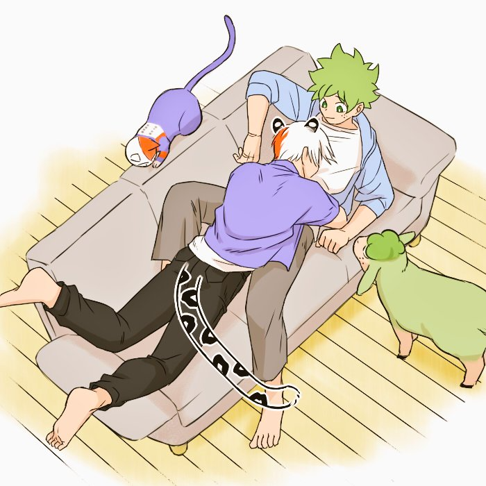 barefoot betsu_aka2 boku_no_hero_academia bones_(company) cat couch curly_hair dekusheep family freckles green_hair hug living_room lying midoriya_izuku multicolored_hair on_couch on_stomach pet red_hair sheep short_hair shounen_jump shouto shoutocat sile todoroki_shouto two-tone_hair white_hair yaoi