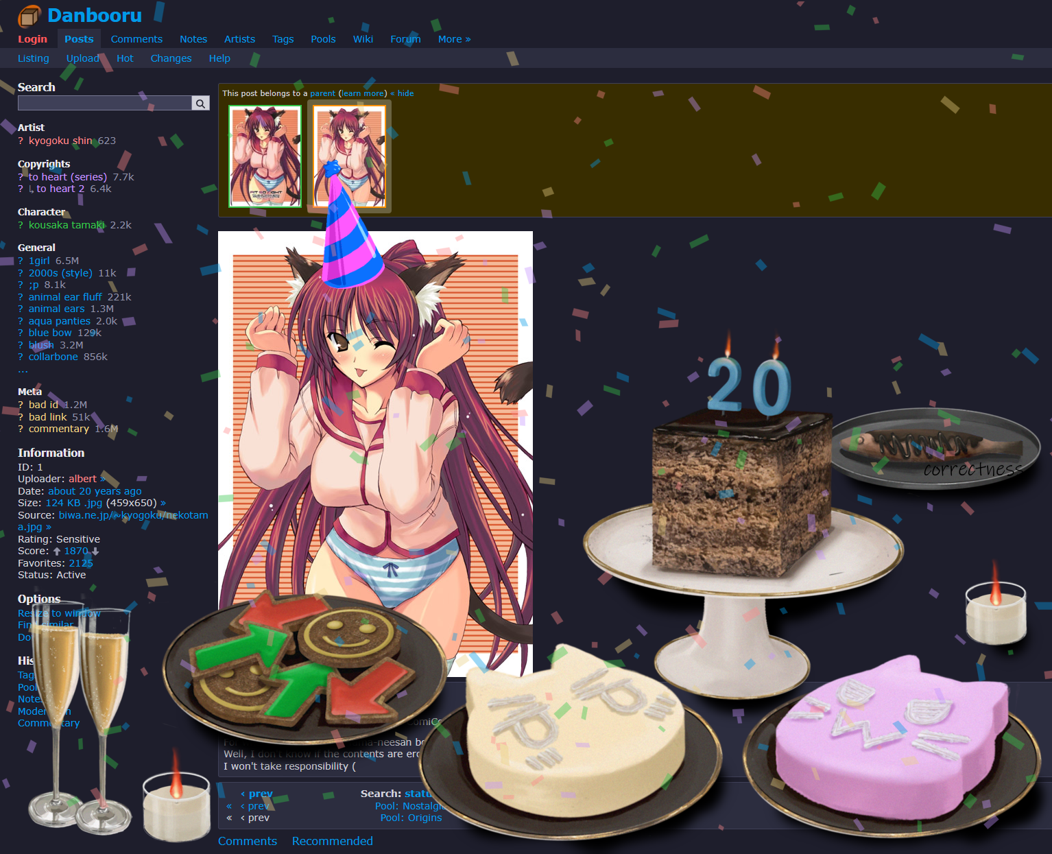 1girl 2000s_(style) :3 ;p albert_yi animal_ear_fluff animal_ears aqua_panties arrow_(symbol) birthday blue_bow blush border borrowed_character bow bow_panties breasts brown_eyes cake cake_stand candle cat_ears cat_girl cat_tail champagne_flute chocolate_cake collarbone colored_stripes commentary commission confetti cookie cowboy_shot cup danbooru_(site) drinking_glass english_commentary english_text facial_mark fine_9725 food grape-flavored_blobcat grey_background groin hands_up highres jitome kemomimi-chan_(naga_u) kemonomimi_mode kousaka_tamaki kyogoku_shin large_breasts long_hair long_sleeves looking_at_viewer milestone_celebration no_pants non-web_source one_eye_closed original outside_border panties parted_bangs party pink_shirt plate red_hair red_sailor_collar sailor_collar school_uniform screenshot_background serafuku shirt sidelocks smile smiley_face solo standing straight_hair striped_clothes striped_panties tag_(concept) tail the_feeshe thigh_gap thighhighs thighs to_heart_(series) to_heart_2 tongue tongue_out two_side_up underwear v-shaped_eyes very_long_hair w_arms watermark web_address webpage whisker_markings white_border white_panties white_thighhighs