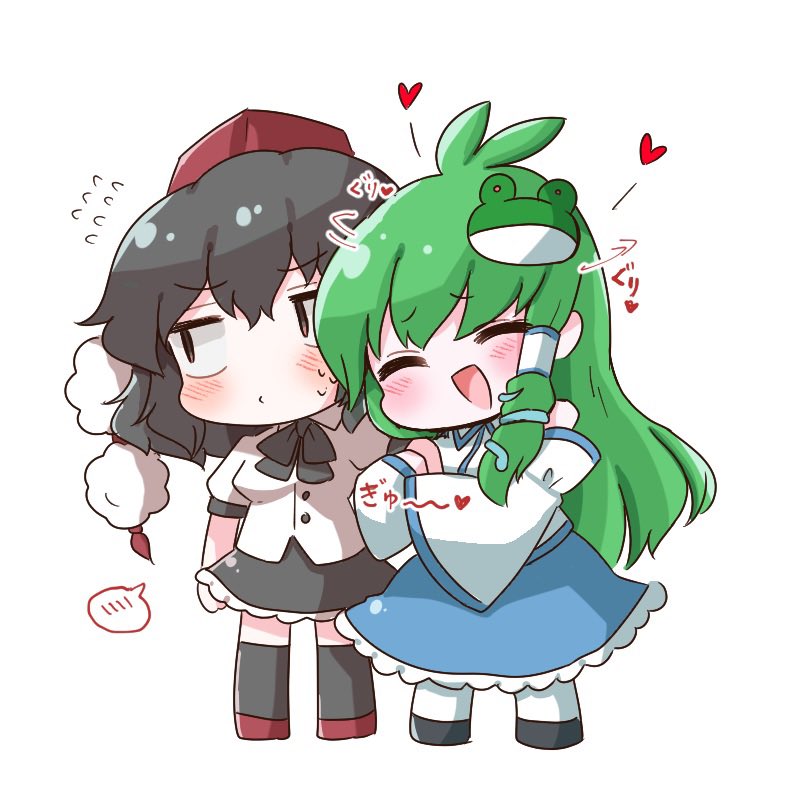 2girls :d antenna_hair bare_shoulders black_hair black_ribbon black_shoes black_skirt black_socks blue_skirt closed_eyes collared_shirt detached_sleeves flying_sweatdrops frilled_skirt frills frog_hair_ornament green_hair hair_ornament hair_tubes happy hat heart kochiya_sanae long_hair long_sleeves medium_hair miniskirt multiple_girls open_mouth pom_pom_(clothes) red_hat red_shoes ribbon shameimaru_aya shirt shoes simple_background single_hair_tube single_sidelock skirt skirt_set sleeveless sleeveless_shirt smile snake_hair_ornament socks speech_bubble spoken_blush sweat tanikake_yoku tokin_hat touhou white_background white_shirt white_socks wide_sleeves