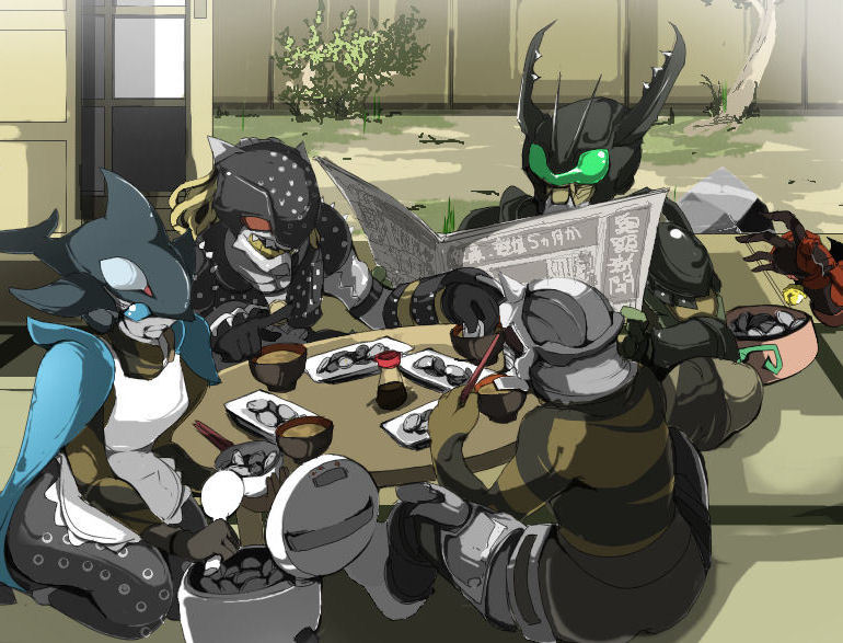 1girl 3boys ankh_(ooo) apron blue_eyes chopsticks dinner gamel green_eyes jpeg_artifacts kamen_rider kamen_rider_ooo_(series) kazari mezul monster multiple_boys name_john o_medal orca slice_of_life uva