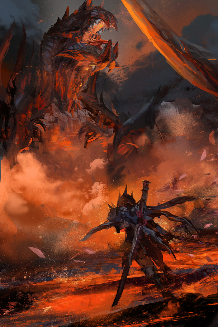 armor battle claws dragon dreadking_rathalos_(armor) fire from_behind full_armor glavenus holding holding_sword holding_weapon jaw long_sword monster monster_hunter_(series) monster_hunter_x rathalos_(armor) running sharp_teeth sheath stu_dts sword tail teeth tongue tyrannosaurus_rex weapon wyvern