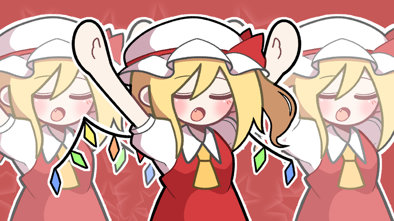 1girl arms_up ascot baek_ban blonde_hair blush breasts closed_eyes collared_shirt fang flandre_scarlet hat medium_hair mob_cap open_mouth outline puffy_short_sleeves puffy_sleeves red_background red_vest shirt short_sleeves side_ponytail small_breasts touhou upper_body vest white_hat white_outline white_shirt yellow_ascot