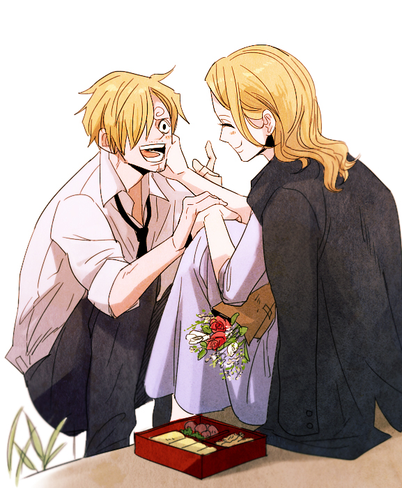 1boy 1girl :d beard bento blonde_hair bouquet dress closed_eyes facial_hair flower hair_over_one_eye hand_on_another&#039;s_face hy mother_and_son necktie one_piece open_mouth pants sanji_(one_piece) shirt short_hair smile vinsmoke_sora
