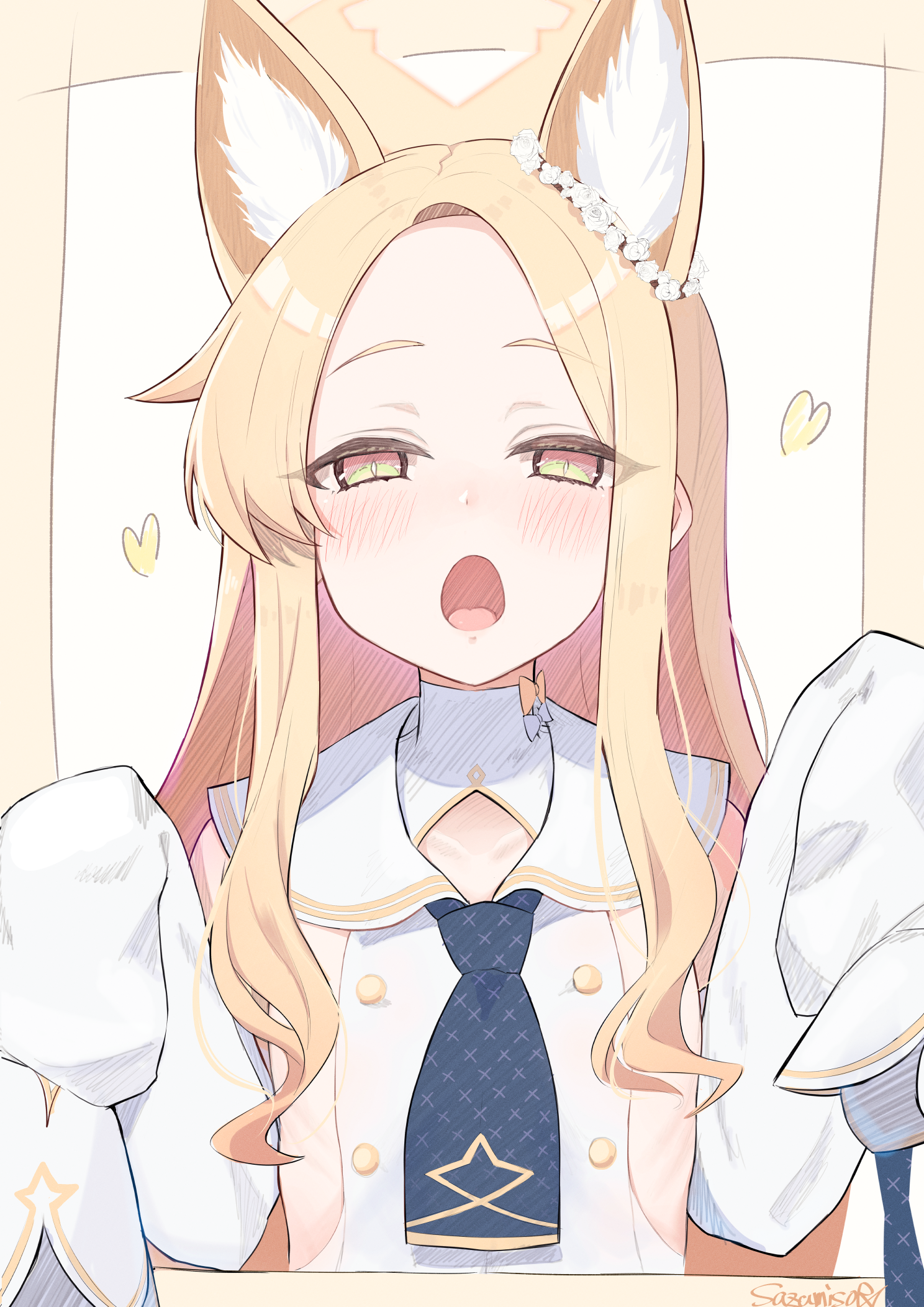 1girl animal_ear_fluff animal_ears ascot blonde_hair blue_archive blue_ascot commentary_request detached_sleeves halo heart highres long_hair looking_at_viewer open_mouth sazamiso_rx seia_(blue_archive) sleeves_past_fingers sleeves_past_wrists solo upper_body white_sleeves yellow_eyes yellow_halo