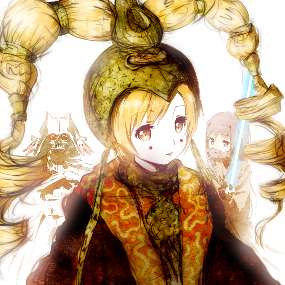 2girls akemi_homura bad_id bad_pixiv_id beard blonde_hair cosplay darth_vader darth_vader_(cosplay) djasal drill_hair facial_hair hair_ornament kyubey mahou_shoujo_madoka_magica mahou_shoujo_madoka_magica_(anime) makeup mongolian_clothes multiple_girls obi-wan_kenobi obi-wan_kenobi_(cosplay) padme_amidala padme_amidala_(cosplay) sketch star_wars tomoe_mami twin_drills twintails yellow_eyes yoshinogai