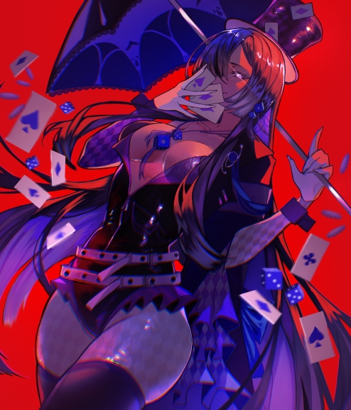 1girl black_leotard black_thighhighs breasts cleavage cylinder holding holding_umbrella leotard lilith_(pgr) pantyhose parasol poker punishing:_gray_raven red_background sanya_(sanya_lox228) solo thighhighs umbrella