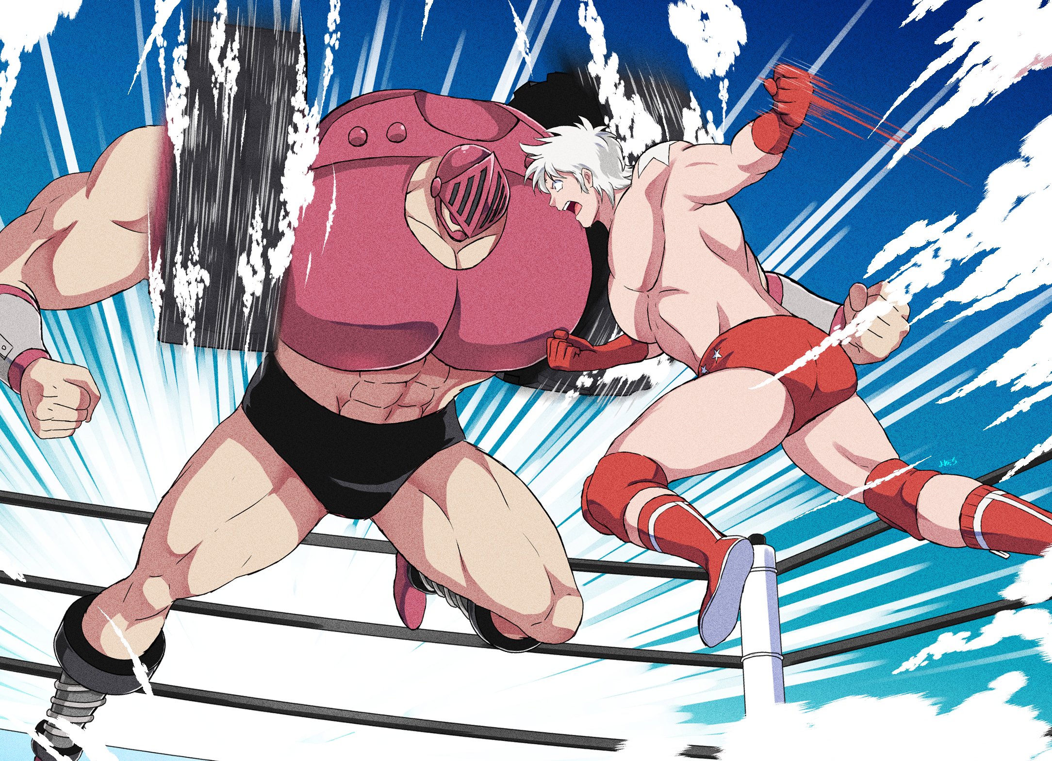 2boys abs android armor artist_request blonde_hair blue_sky clenched_hands day fighting from_above helmet highres jumping kinnikuman large_pectorals looking_at_another male_focus manly max_radial_(kinnikuman) monster_boy multiple_boys muscular muscular_male pectorals short_hair sky smile sweat terryman topless_male wrestling