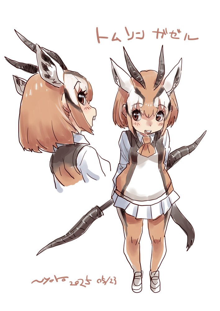 1girl animal_ears black_hair blush brown_eyes brown_hair brown_necktie brown_pantyhose brown_vest collared_shirt extra_ears gazelle_ears gazelle_girl gazelle_horns gazelle_tail hair_between_eyes kemono_friends long_sleeves multicolored_hair multicolored_pantyhose multicolored_vest multiple_views necktie nyororiso_(muyaa) open_mouth pantyhose pleated_skirt polearm shirt shoes sidelocks skirt smile solo spear thomson&#039;s_gazelle_(kemono_friends) translation_request vest weapon white_hair white_shirt white_shoes white_skirt white_vest