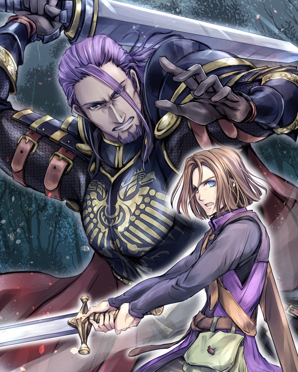 2boys arm_up armor black_armor black_sleeves blue_eyes brown_gloves brown_hair cape clenched_teeth commentary_request dragon_quest dragon_quest_xi facial_hair floating_hair gloves greig_(dq11) hair_slicked_back hand_tattoo hero_(dq11) holding holding_sword holding_weapon imminent_attack looking_at_viewer looking_to_the_side male_focus medium_hair miyano_(homura-mk) multiple_boys muscular muscular_male purple_hair red_cape scabbard sheath single_bang sword tattoo teeth weapon